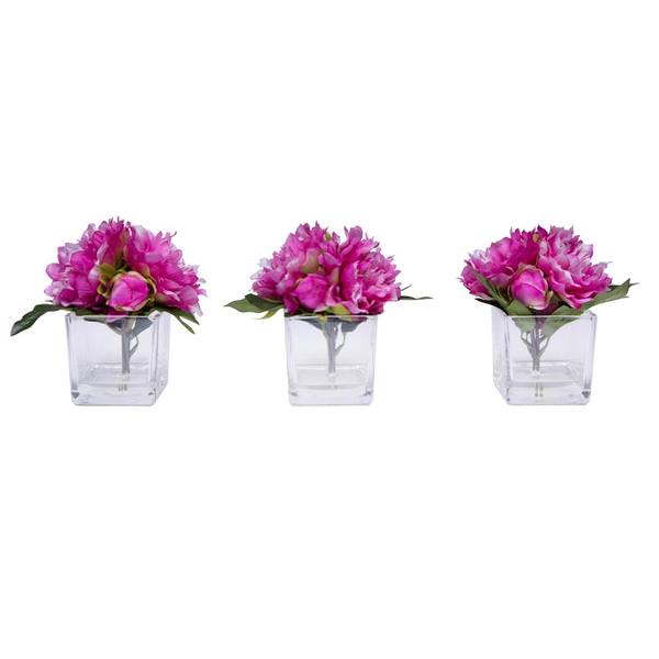 7" Artificial Pink Peony in Glass Cube (3 Pack)