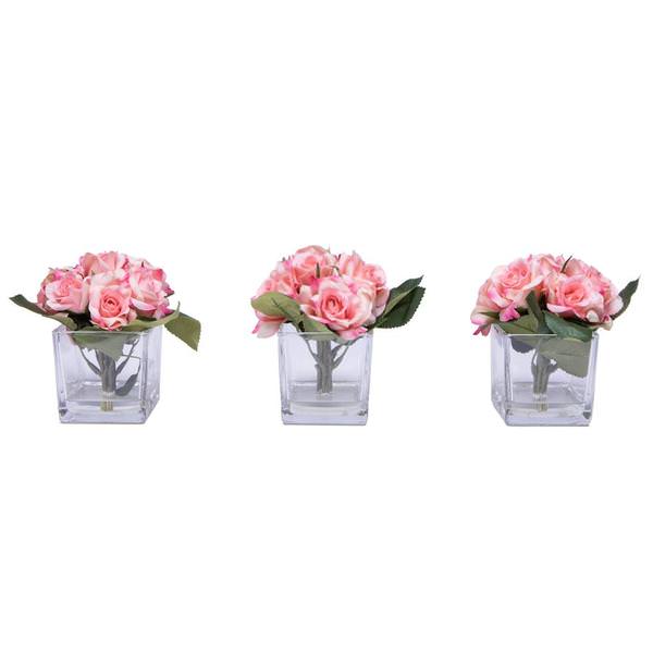 7" Artificial Pink Rose Bouquet in Glass Cube (3 Pack)