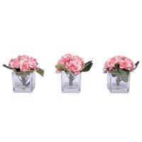 Vickerman 7" Artificial Pink Rose Bouquet in Glass Cube (3 Pack)