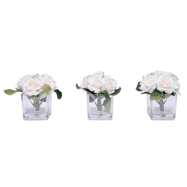 7" Artificial Cream and Light Pink Rose Bouquet in Glass Cube (3 Pack)