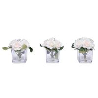 Vickerman 7" Artificial Cream and Light Pink Rose Bouquet in Glass Cube (3 Pack)