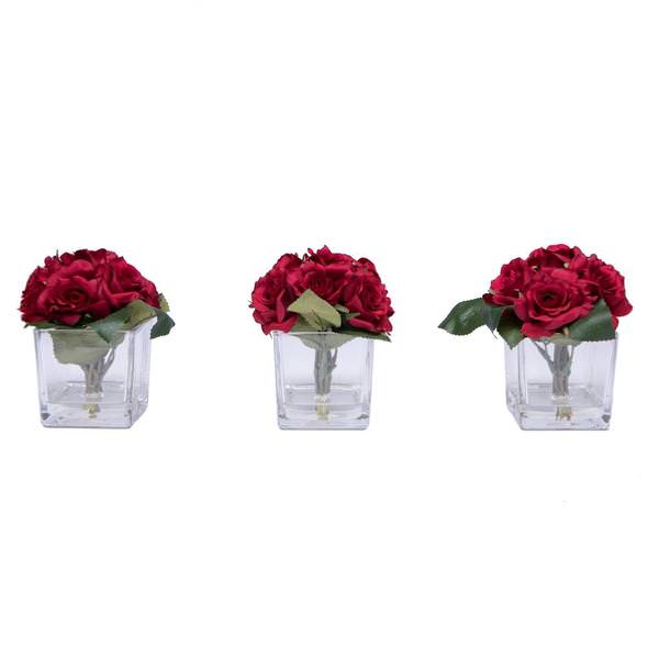 7" Artificial Red Rose Bouquet in Glass Cube (3 Pack)