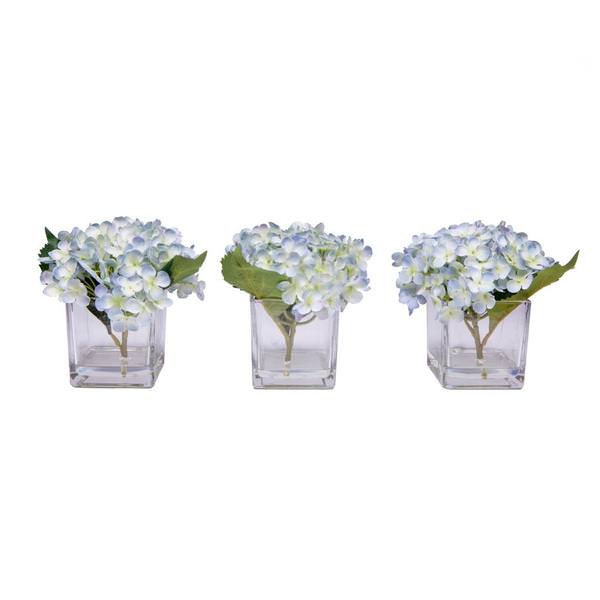 8" Artificial Blue Hydrangea in Glass Cube (3 Pack)