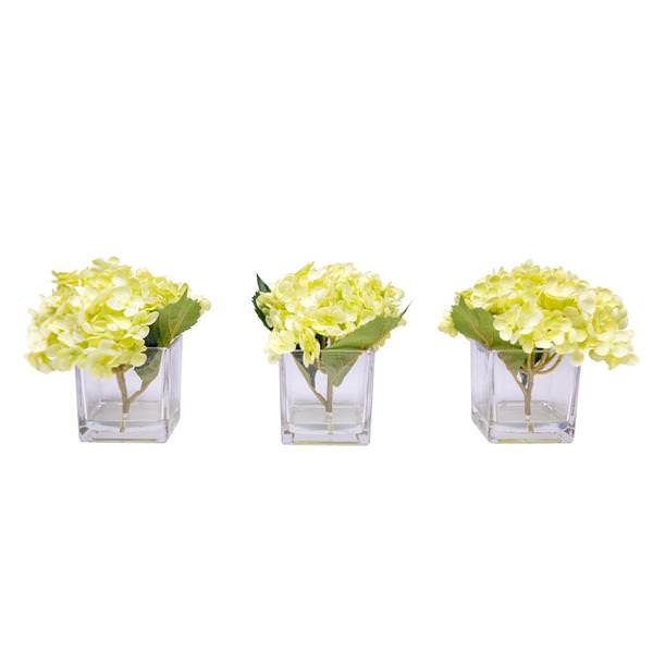 8" Artificial Light Olive Hydrangea in Glass Cube (3 Pack)