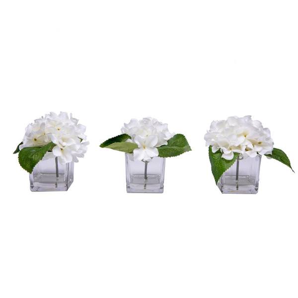 8" Artificial White Hydrangea in Glass Cube (3 Pack)