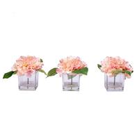 Vickerman 8" Artificial Light Pink Hydrangea in Glass Cube (3 Pack)
