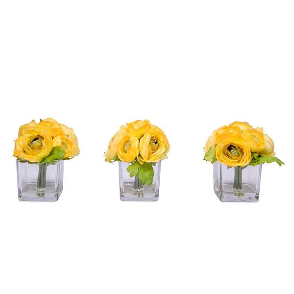 7" Artificial Yellow Ranunculus in Glass Cube (3 Pack)