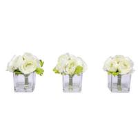 Vickerman 7" Artificial White Ranunculus in Glass Cube (3 Pack)