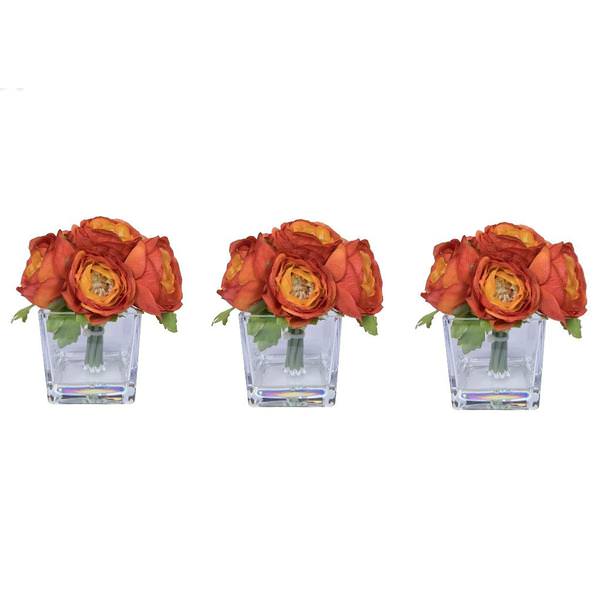 7" Artificial Orange Ranunculus in Glass Cube (3 Pack)
