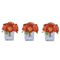 Vickerman 7" Artificial Orange Ranunculus in Glass Cube (3 Pack)