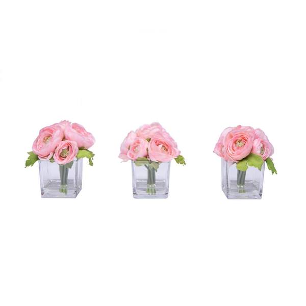 7" Artificial Light Pink Ranunculus in Glass Cube (3 Pack)