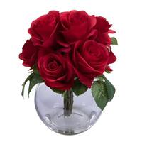 Vickerman 12" Artificial Red Rose Bush in Glass Bubble Vase