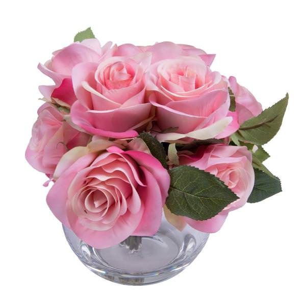 12" Artificial Pink Rose Bush in Glass Bubble Vase