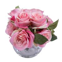 Vickerman 12" Artificial Pink Rose Bush in Glass Bubble Vase