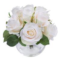 Vickerman 12" Artificial White Rose Bush in Glass Bubble Vase
