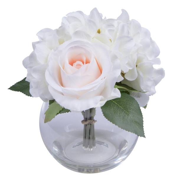 9" Artificial White Hydrangea Light Pink Rose in Bubble Vase