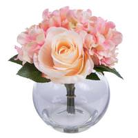 Vickerman 9" Artificial Light Pink Hydrangea and Cream Rose Bunch in Bubble Vase