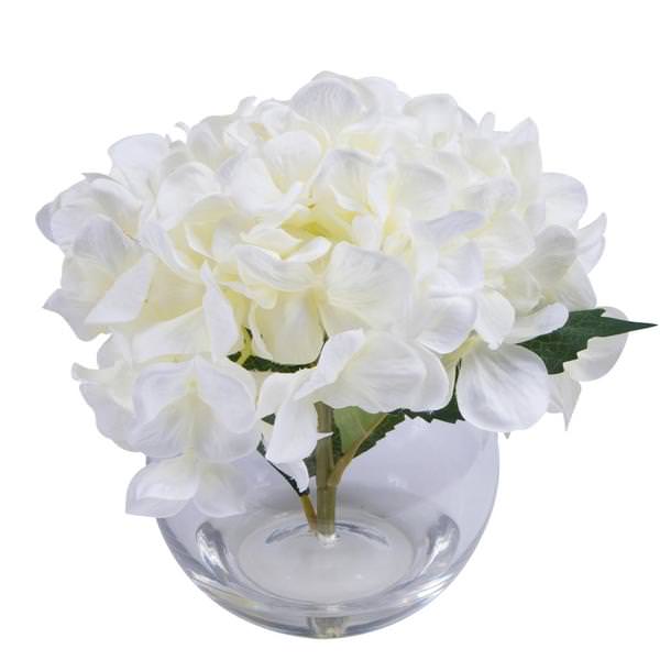 9" Artificial White Hydrangea in Bubble Glass Vase