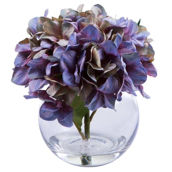 9" Artificial Lavender Hydrangea in Bubble Glass Vase