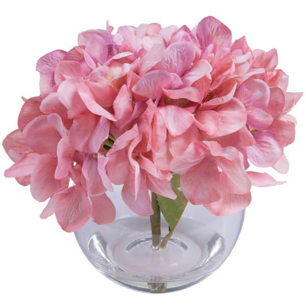 9" Artificial Pink Hydrangea in Bubble Glass Vase