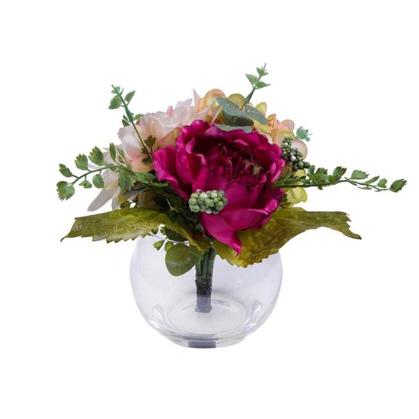 9" Artificial Mixed Floral Greenery in Glass Vase with Acrylic Water