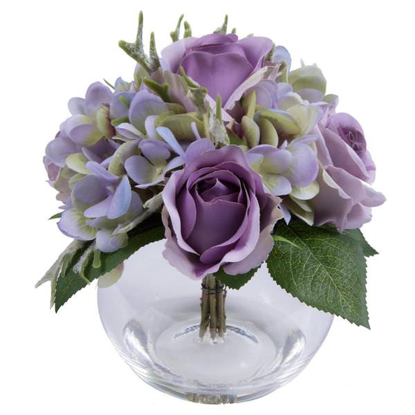 9" Artificial Hydrangea Rose Bouquet Glass Vase