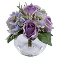 Vickerman 9" Artificial Hydrangea Rose Bouquet Glass Vase