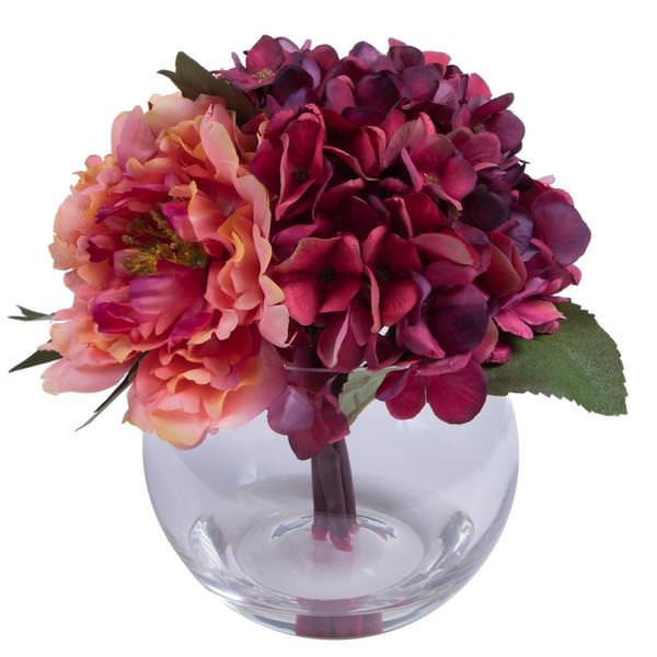 11" Artificial Wine Coral Mauve Hydrangea Peony Bouquet Glass Vase