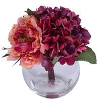 Vickerman 11" Artificial Wine Coral Mauve Hydrangea Peony Bouquet Glass Vase