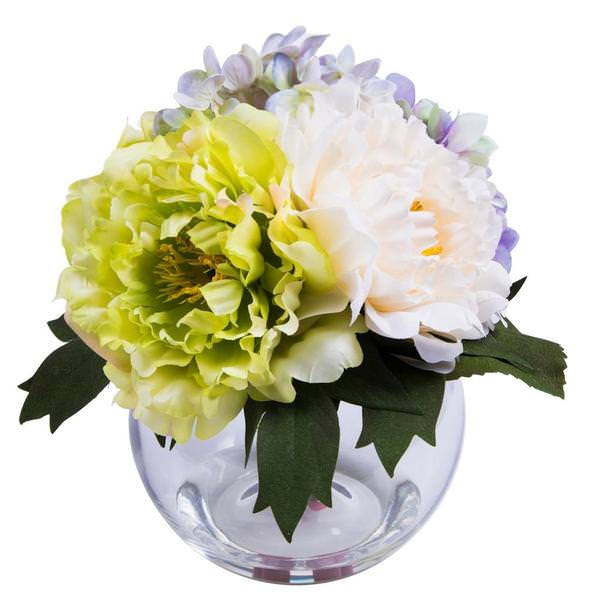 11" Artificial Light Green / Cream / Violet Hydrangea and Peony Bouquet Glass Vase
