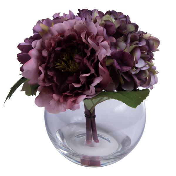 11" Artificial Plum Rose Hydrangea Peony Bouquet Glass Vase