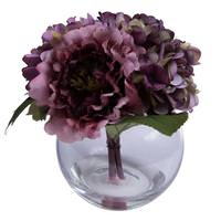 Vickerman 11" Artificial Plum Rose Hydrangea Peony Bouquet Glass Vase