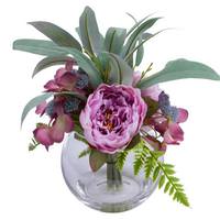 Vickerman 15" Artificial Pink Mix Peony Bouquet in Glass Vase with Acrylic Water