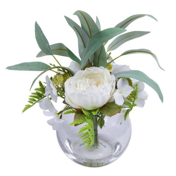 15" Artificial White Mix Peony Bouquet in Glass Vase with Acrylic Water