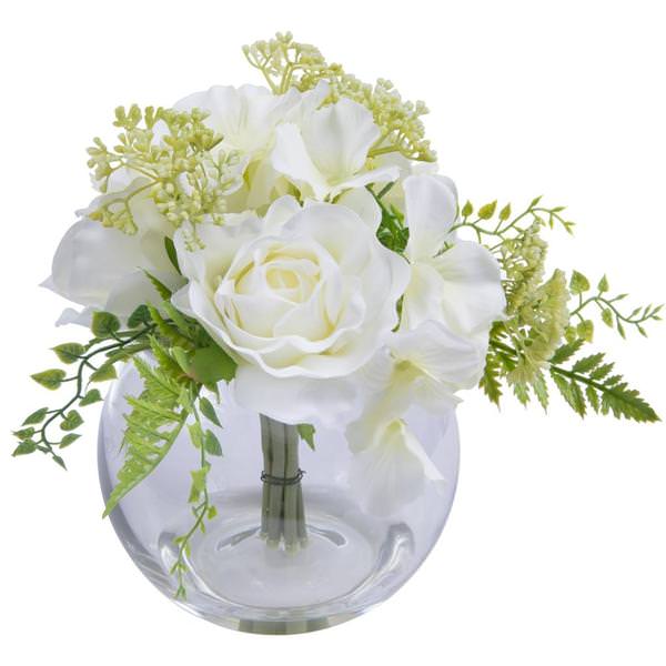 9" Artificial White Rose Greenery Bouquet Glass Vase