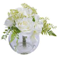 Vickerman 9" Artificial White Rose Greenery Bouquet Glass Vase