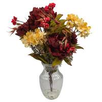 Vickerman 19" Artificial Burgundy and Cream Peony Hydrangea Bouquet in Glass Vase with Acrylic Water