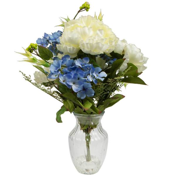 19" Artificial Blue and White Peony Bouquet in Glass Vase with Acrylic Water