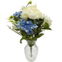 Vickerman 19" Artificial Blue and White Peony Bouquet in Glass Vase with Acrylic Water