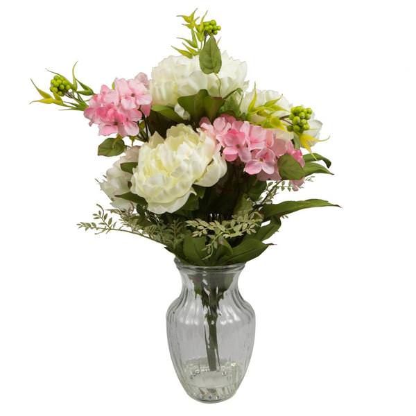 19" Artificial Pink and White Peony Hydrangea Bouquet in Glass Vase with Acrylic Water