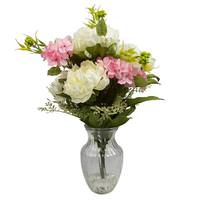 Vickerman 19" Artificial Pink and White Peony Hydrangea Bouquet in Glass Vase with Acrylic Water