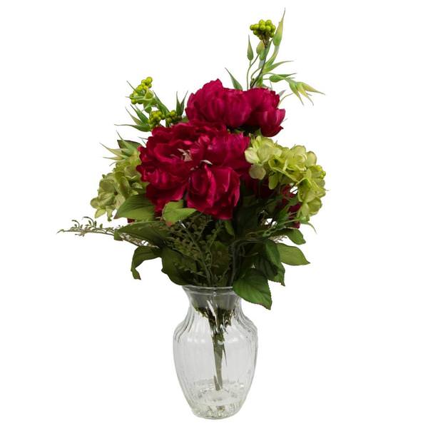 19" Artificial Berry Red Peony Hydrangea Bouquet in Glass Vase with Acrylic Water