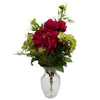 Vickerman 19" Artificial Berry Red Peony Hydrangea Bouquet in Glass Vase with Acrylic Water