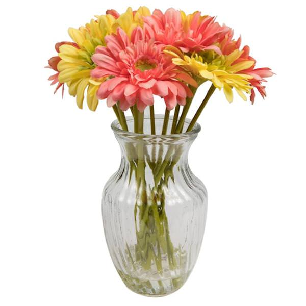 15" Artificial Coral and Yellow Gerbera Bouquet in Glass Vase with Acrylic Water