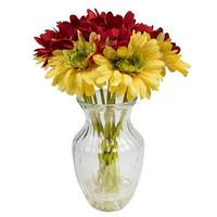 Vickerman 15" Artificial Red and Yellow Gerbera Bouquet in Glass Vase with Acrylic Water