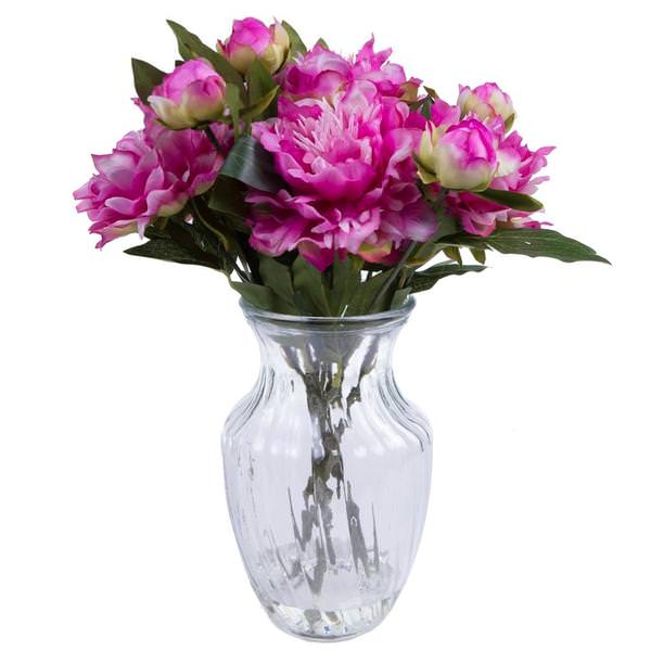 17" Artificial Fuchsia Peony Bouquet in Glass Vase with Acrylic Water