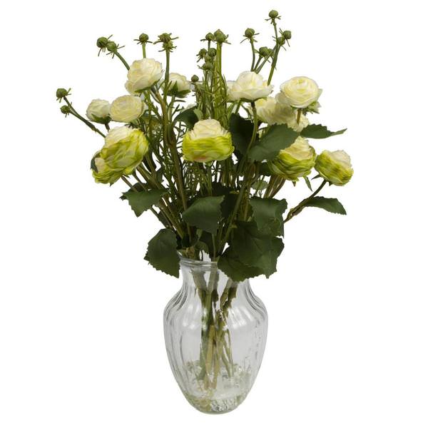 19" Artificial White Ranunculas Bouquet in Glass Vase with Acrylic Water