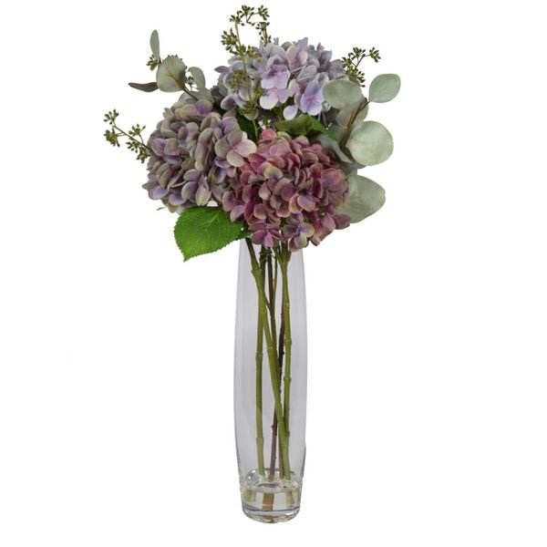 29" Artificial Lavender Mauve Hydrangea Bouquet in Glass Vase with Acrylic Water