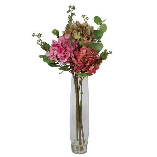 29" Artificial Mauve and Pink Hydrangea Bouquet in Glass Vase with Acrylic Water