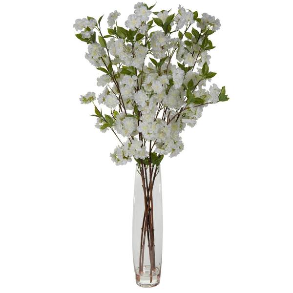 35" Artificial White Cherry Blossom in Glass Vase with Acrylic Water
